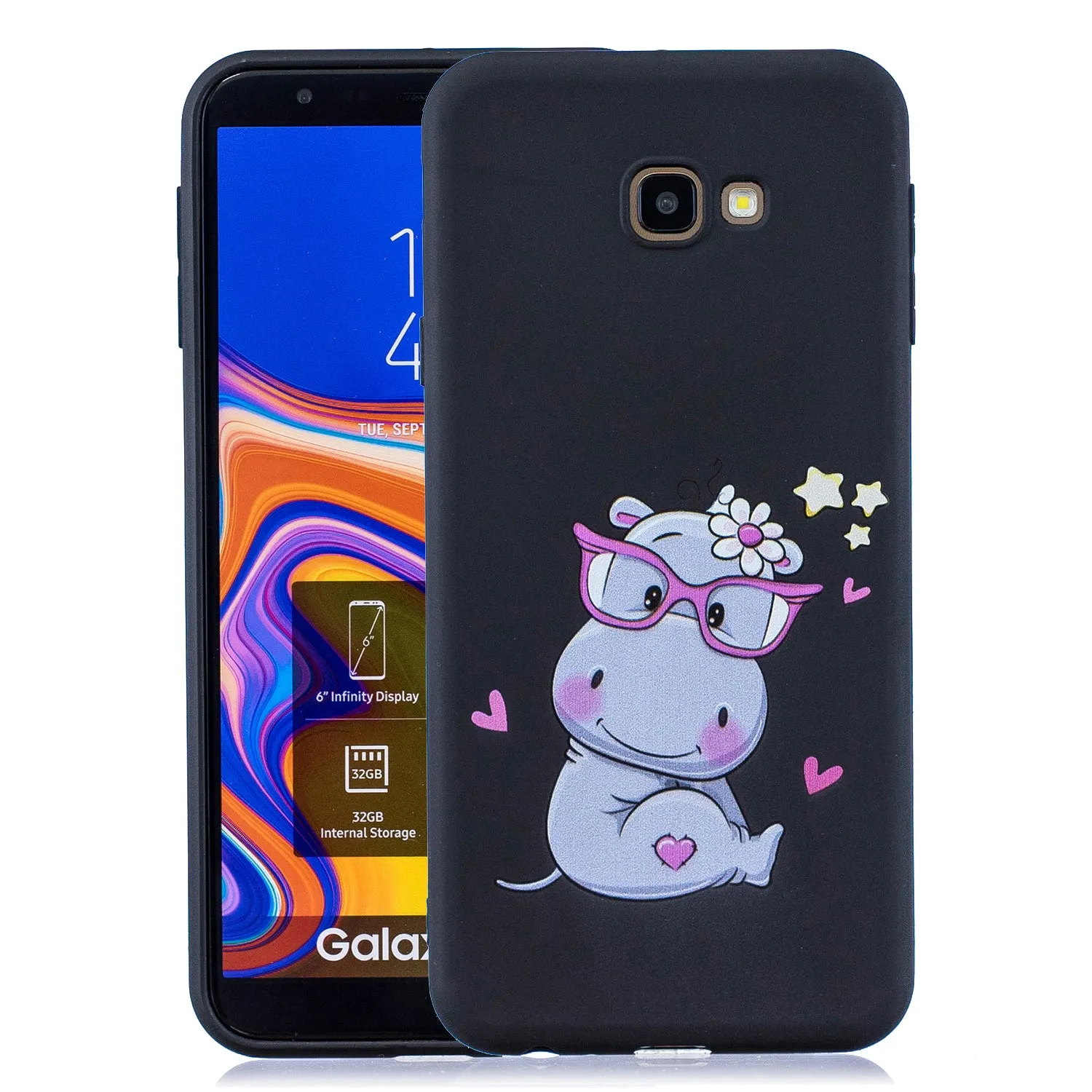 For Samsung J4 plus Cute Coloured Painted TPU Anti-scratch Non-slip Protective Cover Back Case with Lanyard black